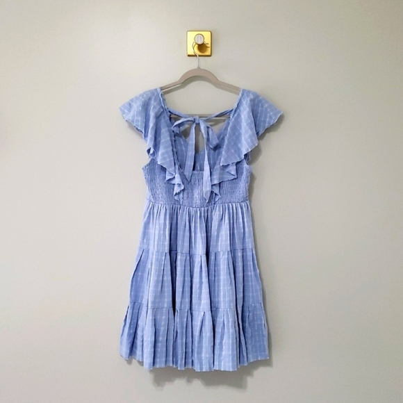 Fate Mini Dress Medium Plaid Blue White Ruffle Cap Sleeve Pockets Tiered Smocked - Picture 5 of 16